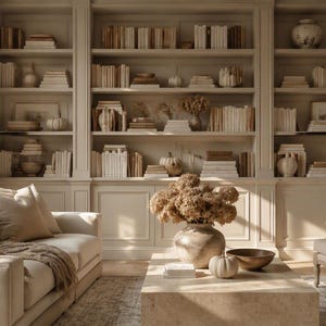 Puede incluir: Una sala de estar con un sofá beige con una manta texturizada, un sillón a juego y una gran mesa de centro de piedra. Una estantería empotrada de suelo a techo llena de libros y objetos decorativos cubre toda la pared del fondo.