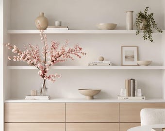 Minimal Scandinavian Zoom Background, Pink Blossom Shelf, Neutral Home Office Decor (Digital Download)