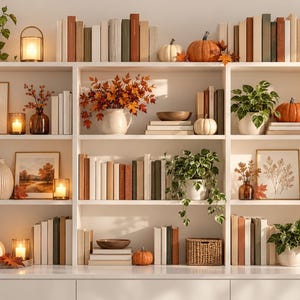 May include: A white three-section bookshelf filled with books, potted green plants, orange and white pumpkins, framed art prints, and lit lanterns. The shelves are arranged with various decorative items, including vases, bowls, and baskets, creating a display of autumn-themed decor across the multiple levels of the shelving unit.