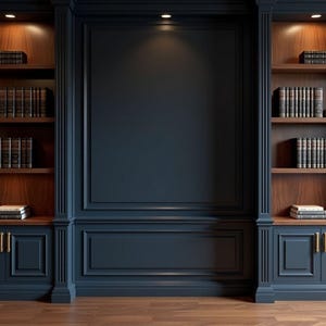 May include: A built-in bookshelf unit with dark blue paneling and wooden shelves. The shelves are filled with books and illuminated by recessed lighting. The bottom cabinets have gold-colored handles. The overall design is classic and elegant.