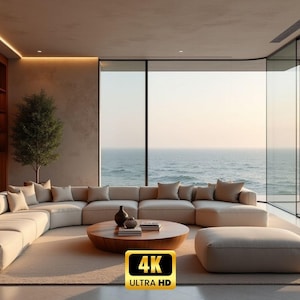May include: A modern living room with a large sectional sofa, a round coffee table, and an ottoman. The room features a wall of bookshelves, a large window with an ocean view, and a 4K Ultra HD logo.