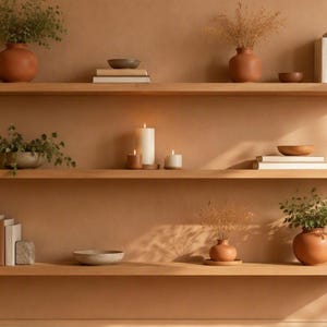 Könnte beinhalten: Drei horizontale, schwebende Holzregale an einer terrakottafarbenen Wand. Die Regale sind mit verschiedenen Dekorationsgegenständen bestückt, darunter Terrakotta-Vasen mit Grünpflanzen, Bücherstapel, kleine Schalen und drei brennende Stumpenkerzen.