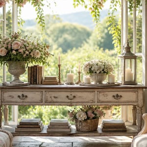 May include: A rustic, distressed white console table with three drawers, adorned with floral arrangements, candles, and books. A large window with greenery and flowers frames a lush, green landscape, creating a serene, vintage-inspired interior design.