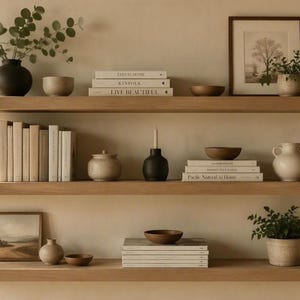 May include: Three horizontal light wood floating shelves mounted on a wall, styled with various decorative items including books, ceramic bowls, vases, small potted plants, and framed artwork. The books feature titles like This is Home and Kinfolk.