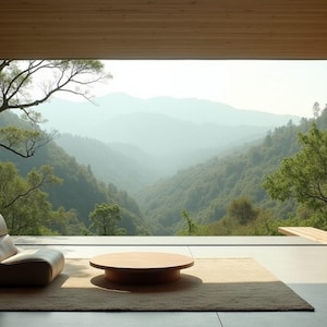 Könnte beinhalten: Ein modernes Wohnzimmer mit Panoramablick auf eine Bergkette. Der Raum verfügt über einen beigen Sessel, einen runden Couchtisch aus Holz und einen Teppich in neutralen Tönen. Zwei Keramikvasen und eine kleine Bank befinden sich auf der rechten Seite. Der Raum wird von großen Fenstern und Holzakzenten eingerahmt.