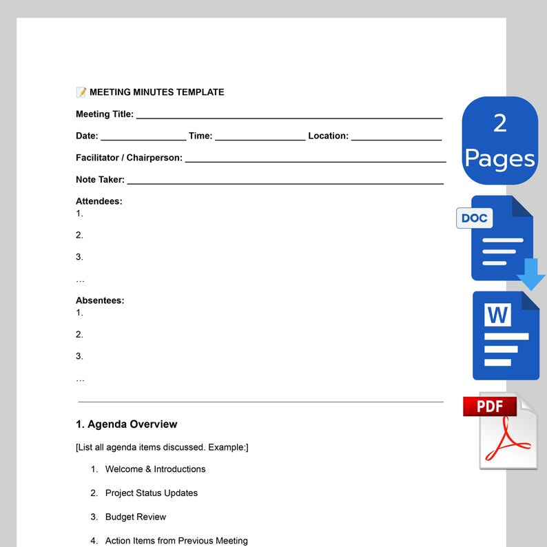 Printable Meeting Minutes Template | Business Meeting Notes | Editable Meeting Agenda &amp; Action ...