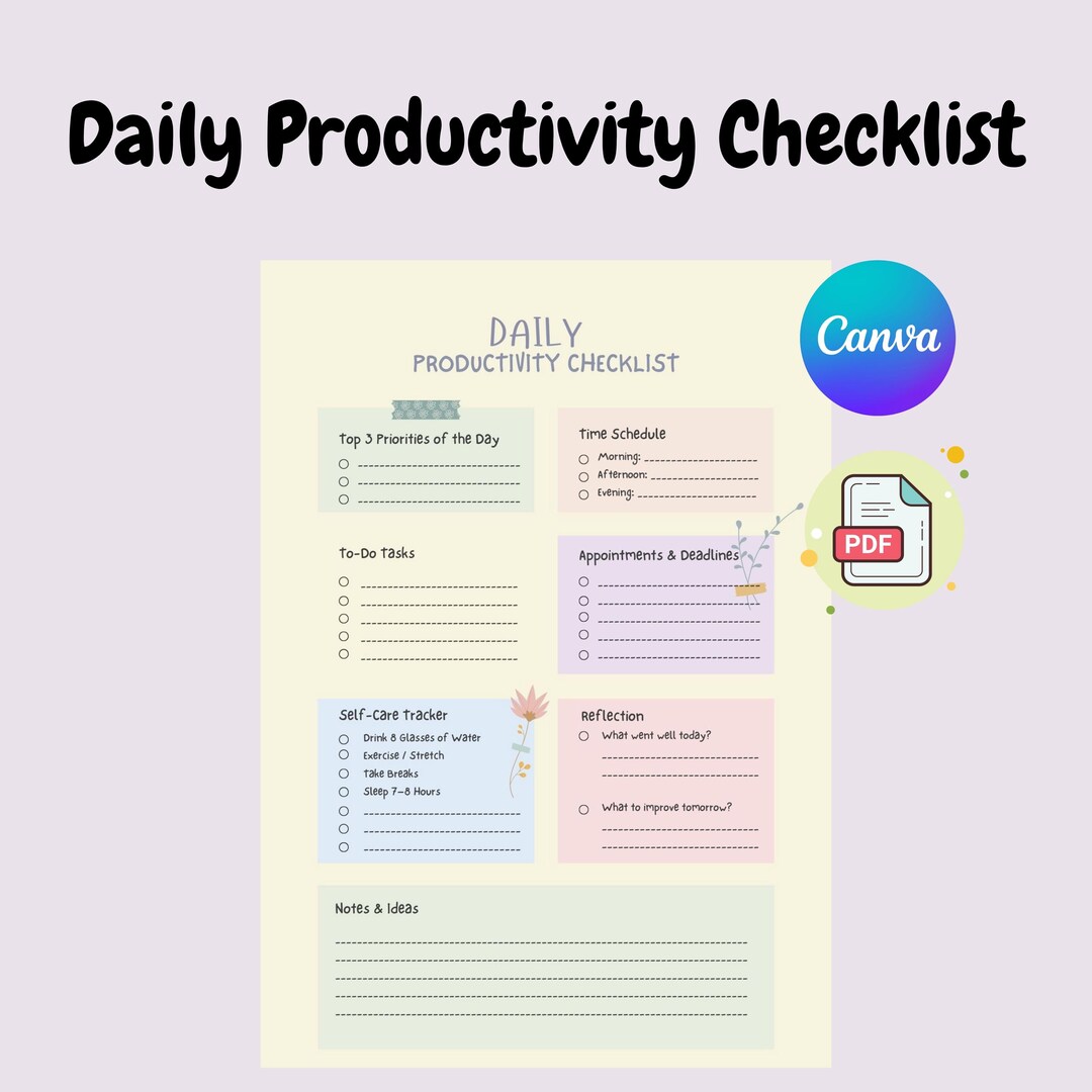Daily Productivity Checklist - Printable To-do List - Task Planner ...