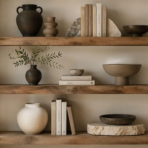 Organischer moderner Zoom Hintergrund | Reinigen Floating Regale Büro Hintergrund | Beige Home Office virtuellen Hintergrund