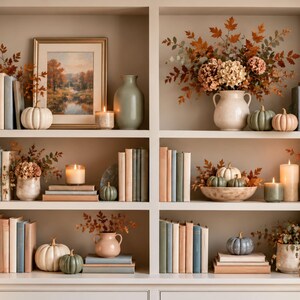 Könnte beinhalten: Ein eingebautes Bücherregal mit Reihen von Büchern in gedeckten Farben, verschiedenen Keramikvasen und dekorativen Kürbissen in Weiß, Salbeigrün und Orange. Die Regale sind mit getrocknetem Herbstlaub, brennenden Kerzen und einem gerahmten Landschaftsbild akzentuiert.