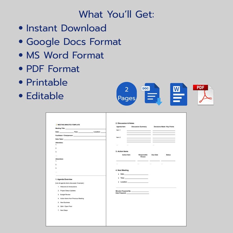 Printable Meeting Minutes Template | Business Meeting Notes | Editable Meeting Agenda &amp; Action ...