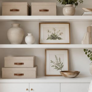May include: White built-in shelving unit featuring beige storage boxes with brown leather handles, ceramic vases in various shapes, framed botanical art prints, a wooden bowl, and books held by stone bookends, all arranged on three levels.