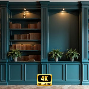 May include: A teal-colored built-in bookcase with multiple shelves filled with books. The bookcase has recessed lighting and decorative plants. The image has a 4K Ultra HD logo.