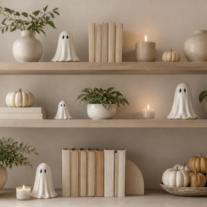 Puede incluir: Dos estantes de madera con figuras de fantasmas de cerámica blanca, libros beige, jarrones color crema con plantas verdes, pequeñas calabazas y velas encendidas. La disposición presenta tonos neutros y texturas naturales en una decoración coherente.
