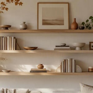 Scandinavian Zoom Background, Fall Virtual Office Background, Neutral Floating Shelves, Japandi Home Office, Microsoft Teams Backdrop