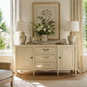 May include: A bright, airy living room with a cream-colored sideboard, two matching lamps, and a framed botanical print. A wicker armchair with a patterned pillow sits near a bookshelf. Large windows offer views of lush greenery.