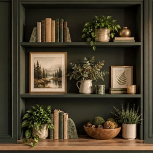 May include: A dark green built-in shelving unit featuring three levels. The shelves hold various items including hardcover books, potted green plants, a framed landscape painting of a forest, a framed fern print, and a wooden bowl filled with decorative spheres.