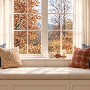 Op de afbeelding: Een vensterbank met een beige kussen, twee blauwe kussens, een beige kussen met textuur en een oranje geruit kussen. Een roestkleurige deken ligt op de zitting. Een witte pompoen, een oranje pompoen en een kaars staan op de vensterbank.