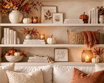 May include: A three-tiered shelving unit styled with autumn decor including white and orange pumpkins, dried foliage, candles, woven baskets, books with titles like A Kinder Home and Hello Fall, and framed botanical prints arranged on white shelves.