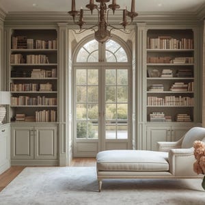 Puede incluir: Una biblioteca con estanterías integradas de color verde salvia llenas de libros, una puerta de cristal arqueada, una chaise longue de color crema, una lámpara de araña y un jarrón dorado con un gran ramo de flores rosa pálido sobre una alfombra.
