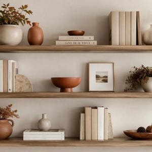 Op de afbeelding: Drie horizontale zwevende houten planken aan een muur, gevuld met diverse decoratieve voorwerpen zoals keramische vazen, terracotta schalen, stapels boeken met de tekst "Live Beautiful", een ingelijste landschapsfoto en diverse kamerplanten.