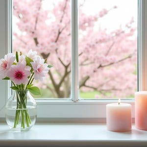 May include: A window sill displays a vase of pink flowers, two lit candles, and a view of a flowering tree. The candles are different sizes and have a soft pink hue. The flowers are in a clear glass vase.