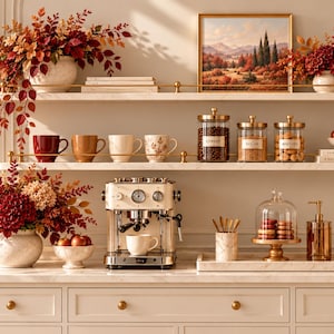 May include: A white marble coffee station featuring a cream-colored espresso machine, various mugs, glass storage jars labeled coffee, sugar, and tea, a glass cloche with cookies, a gold soap dispenser, and vases filled with autumn-colored foliage.