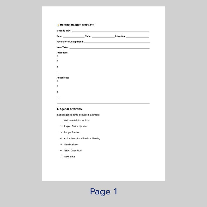 Printable Meeting Minutes Template | Business Meeting Notes | Editable Meeting Agenda &amp; Action ...
