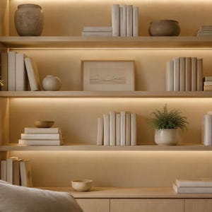 Puede incluir: Una estantería empotrada de madera clara con iluminación LED integrada, que presenta filas de libros con lomos de colores neutros, varios jarrones de cerámica, un cuadro de paisaje enmarcado y una pequeña planta verde en maceta.