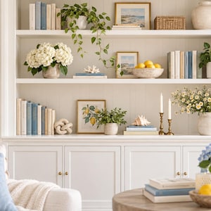 May include: A white built-in shelving unit filled with books, potted green plants, framed coastal art, decorative bowls of lemons, seashells, and brass candlesticks. A light blue and white striped pillow sits on a sofa in the foreground.