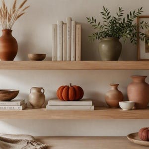 Op de afbeelding: Twee zwevende planken van licht hout met terracotta vazen, een groene keramische vaas met bladeren, een rij boeken in neutrale kleuren, een houten kom, een stoffen pompoen, een gevlochten mand met deksel en een ingelijste afbeelding.