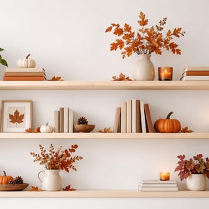 Op de afbeelding: Drie zwevende planken van licht hout verticaal aan een witte muur, gedecoreerd met boeken in neutrale tinten, oranje pompoenen, hangende groene planten, vazen met herfstbladeren, dennenappels en kleine brandende kaarsen in glazen houders.
