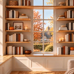 May include: A built-in wooden window seat with integrated shelving units filled with books, small pumpkins, candles, and decorative bowls. The shelves are arranged around a large window overlooking an autumn landscape with orange trees.