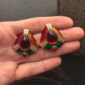 Kolczyki w stylu vintage z blokami kolorów | Kolczyki z czerwono-zielonymi kryształami | Retro geometryczne kolczyki | Kolczyki w stylu barokowym | Prezent dla niej
