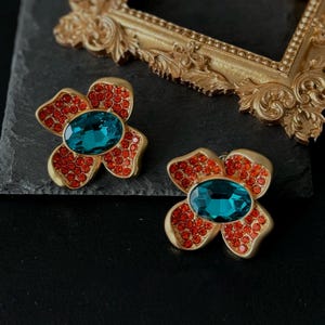 Statement Floral Stud Earrings | Vintage Gold Tone Oversized Earrings with Red & Blue Rhinestones | Miss Ruay Heavy Jewelry