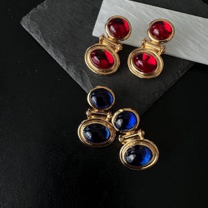Retro Gemstone Stud Earrings, Red Clip-on or Blue Post Earrings, Vintage Double Circle Statement Jewelry, Bold Gift for Her