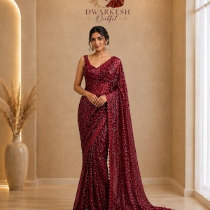 Red Sequined Georgette Saree, Bollywood Wedding Wear, Matching Blouse, Bridesmaid Sari