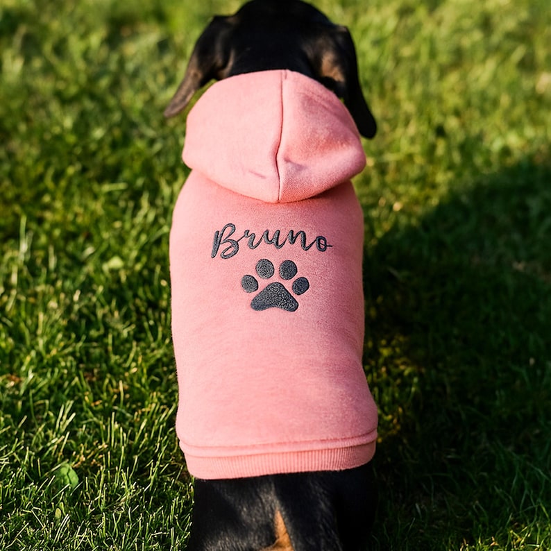 May include: A pink dog hoodie with the name "Bruno" in script and a paw print design. The hoodie is made of a soft material and has a hood. The dog is black and brown, standing on green grass.
