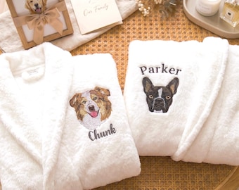 Embroidered Honeymoon Robes With Pet Portrait From Photo - Custom Pet Face Fleece Robe - Robes For Bride And Groom - Luxury Couple Robe