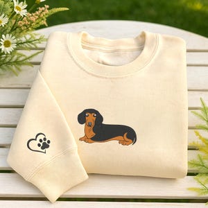 Custom Dachshund Embroidered Sweatshirt - Personalized Dog Name on Sleeve - Wiener Dog Crewneck Gift for Dog Moms and Pet Lovers