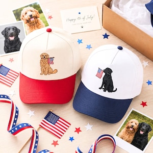 Embroidered Golden Retriever Patriotic Hat, 4th Of July Cap, American Flag Dog Dad Hat, Patriotic Hats With Dog Portrait, Black Lab Hat