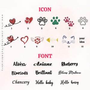 May include: A selection of embroidered icons and fonts for customization. Icons include hearts, paw prints, and a fishbone. Fonts include "Aloha", "Ariane", and "Blueberry". The text "your idea" is also present.