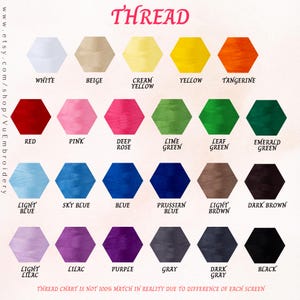 May include: A thread color chart featuring a variety of colors in a hexagonal shape. Colors include white, beige, yellow, orange, red, pink, green, blue, brown, purple, gray, and black. Text at the top reads "THREAD".