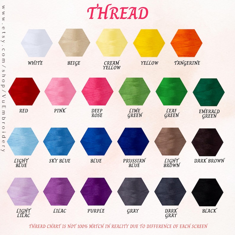 May include: A thread color chart featuring a variety of colors in a hexagonal shape. Colors include white, beige, yellow, orange, red, pink, green, blue, brown, purple, gray, and black. Text at the top reads "THREAD".