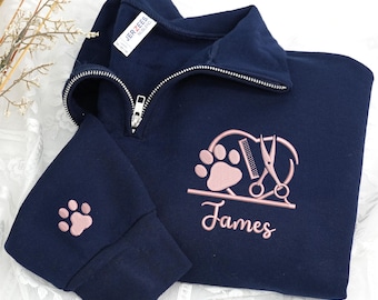 Felpa con cerniera a un quarto ricamata per toelettatura cani: regalo personalizzato per toelettatori di animali domestici