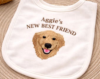 Babero personalizado bordado con la frase "Mejor amigo" y retrato de mascota, babero "Protegido por Golden Retriever", regalo de baby shower de tía a tío.
