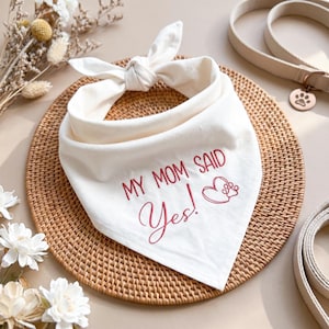 May include: An off-white pet bandana featuring the embroidered red text MY MOM SAID Yes! accompanied by a heart and paw print graphic. The triangular fabric accessory is tied in a knot at the top and is displayed alongside a matching beige leash.