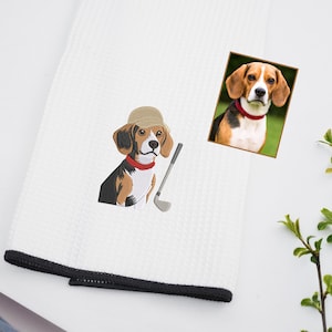 Embroidered Dog Golf Towel - Personalized Golf Towel With Dog Portrait From Photo - Custom Golf Towel Using Pet Photo - Golf Gifts For Men