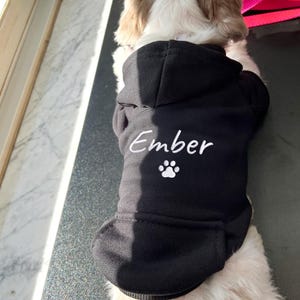 Black Personalized Dog Hoodie — adorable black hoodie for dogs, featuring the name “Ember” and a paw print embroidered in white thread.