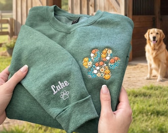 Personalized Dog Mom Sweatshirt: Embroidered Floral Paw Print, Custom Pet Names