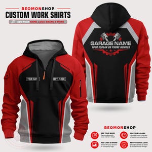 May include: A red, black, and gray hooded sweatshirt featuring a quarter-zip front, long sleeves with utility pockets, and customizable text areas. The back displays a graphic of two pistons above the text GARAGE NAME and YOUR SLOGAN OR PHONE NUMBER.